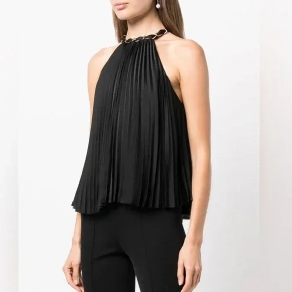 NEW Alice+Olivia Alycia Black Pleated Halter Top with chain  S. G969 - Picture 2 of 7